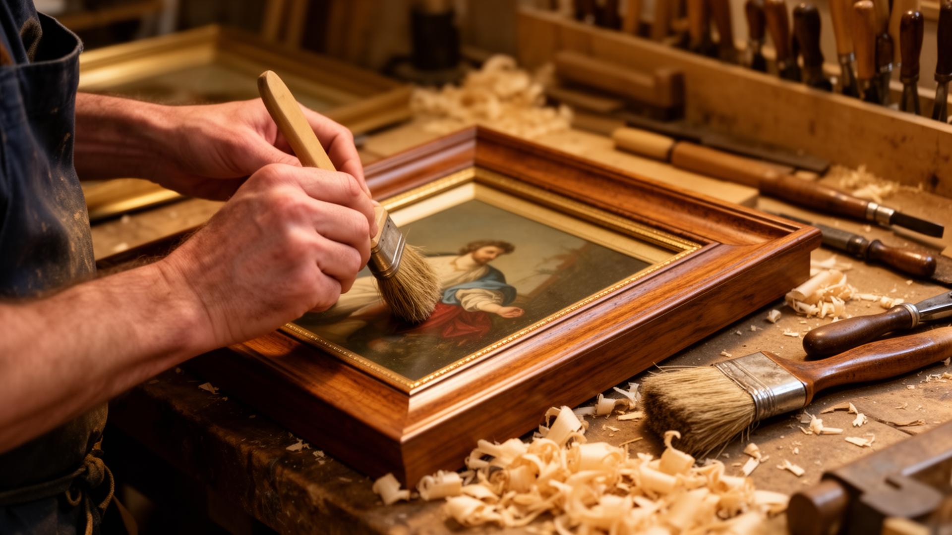 Handgemaakte lijst in Nederland, lijstenmaker werkt aan een houten schilderijlijst voor klassieke kunst