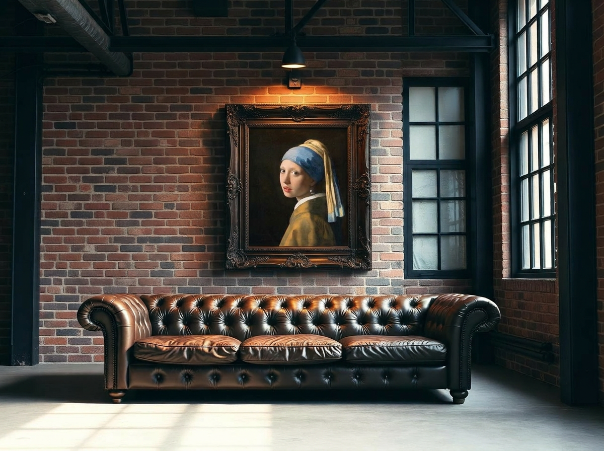 Klassiek schilderij in donkere lijst aan een bakstenen muur boven een chesterfield bank, industriële loft interieurstijl