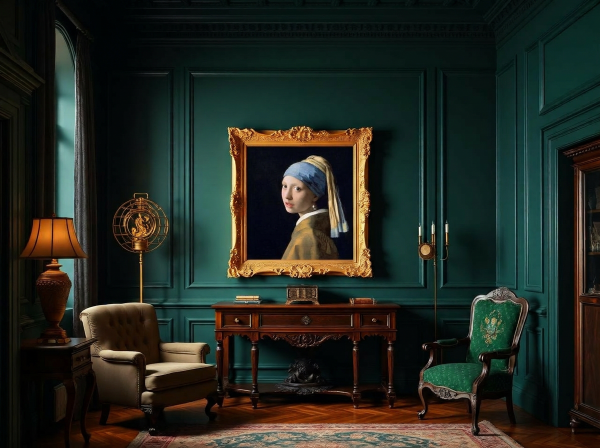 Klassiek schilderij in ornamentele gouden lijst aan een donkergroene wand met antiek meubilair, klassieke interieurstijl