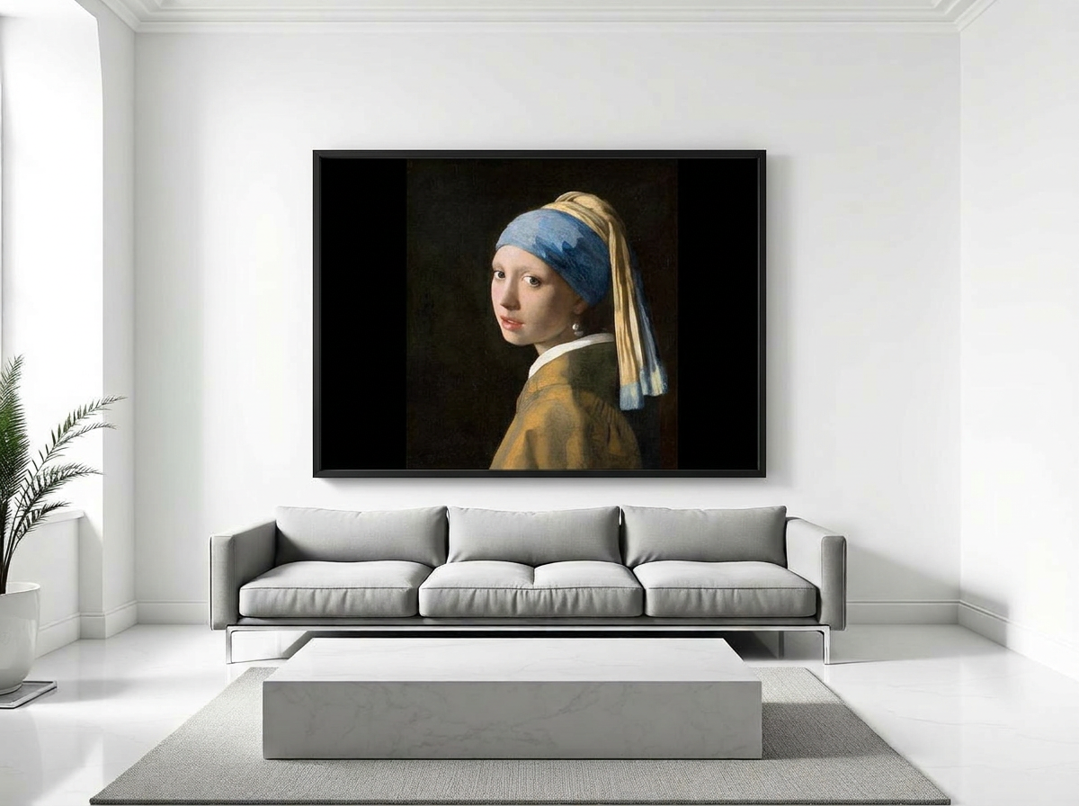 Klassiek schilderij in slanke zwarte lijst boven een grijze designbank in een minimalistisch wit interieur