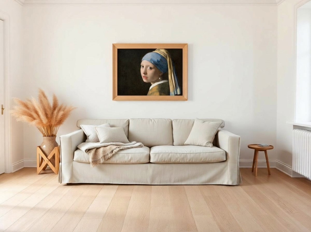 Klassiek landschapsschilderij in lichte houten lijst boven een linnen bank in een Scandinavisch interieur