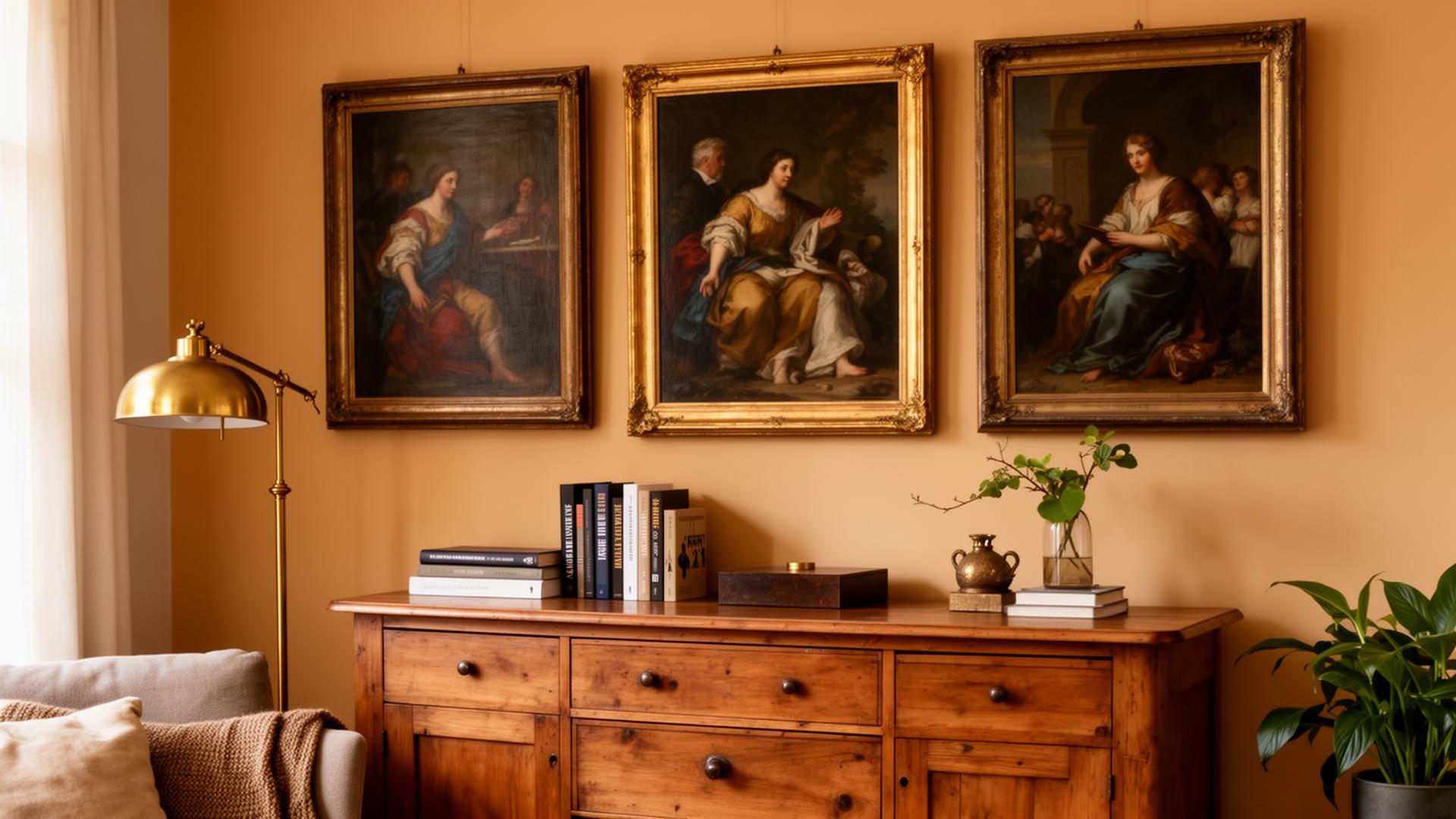 Wanddecoratie woonkamer met drie ingelijste klassieke schilderijen boven een houten dressoir