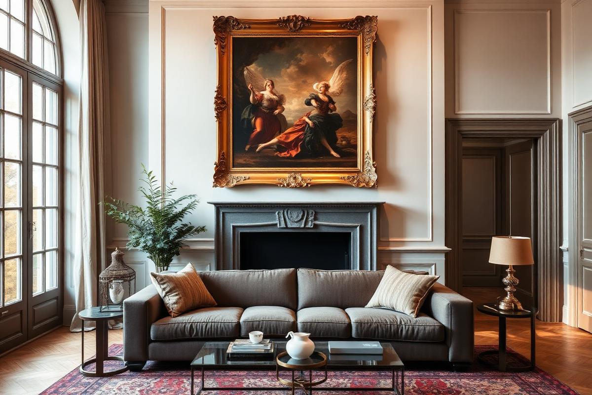 Klassiek ingelijst schilderij boven een bank in een stijlvolle woonkamer