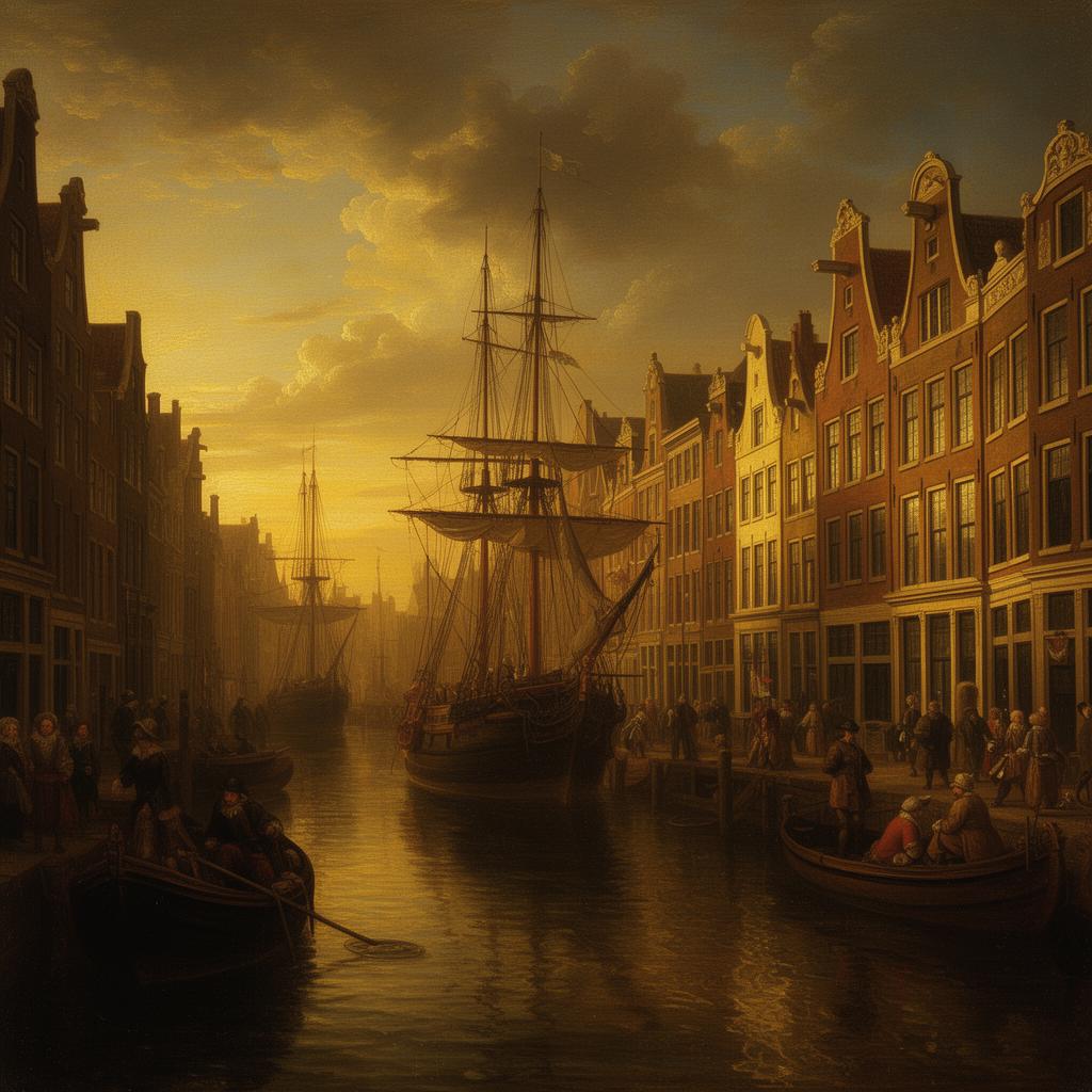 Amsterdamse haven in de Gouden Eeuw met VOC-schepen en grachtenpanden