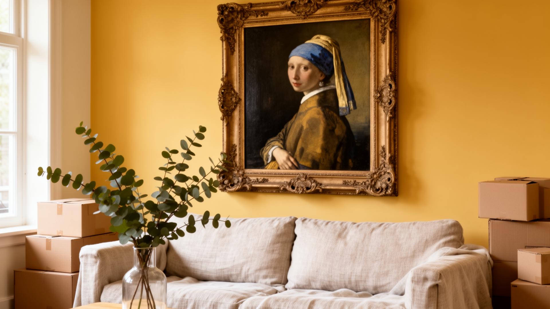 Klassiek schilderij in een nieuwe woonkamer als housewarming cadeau
