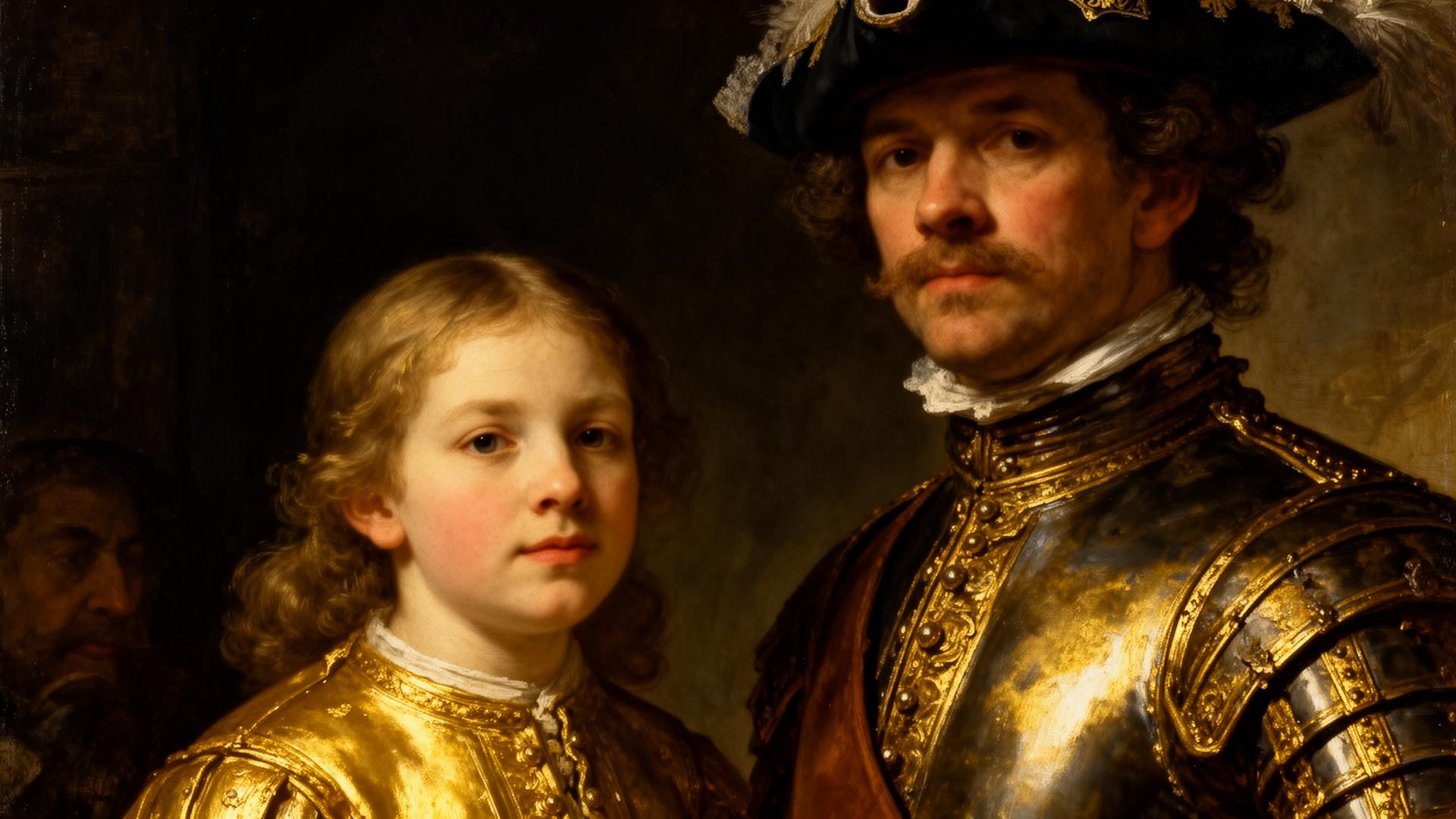 Detail van Rembrandts De Nachtwacht met het meisje in goud en kapitein Frans Banninck Cocq